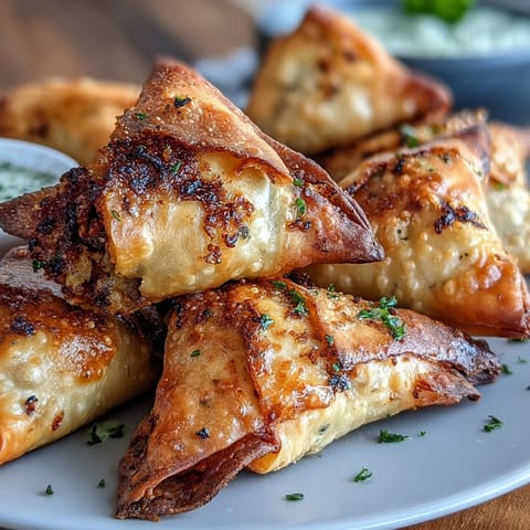 Crispy air-fried vegetable samosas with golden crust and spiced potato-pea filling, served with fresh mint chutney.  