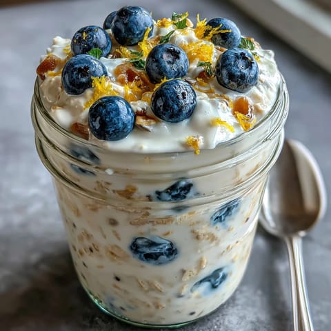 Creamy overnight oats with blueberry lemon zest, perfect for a refreshing, make-ahead breakfast in a jar.
