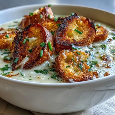 Creamy leek and potato soup with sourdough croutons, garnished with fresh chives and served in a rustic bowl.  