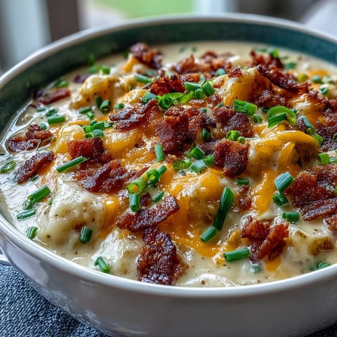 Creamy St. Patricks Day Loaded Baked Potato Soup in a bowl, topped with crispy turkey bacon and green onions.