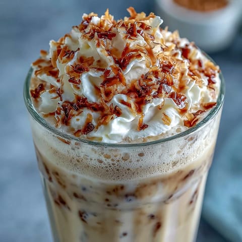Creamy Vanilla Bean Coconut Frappuccino Mocktail with frothy coconut milk and real vanilla bean seeds, served over ice in a tall glass.