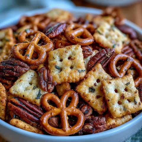 Golden homemade sourdough Cheez-Its tossed with mini pretzels, mixed nuts, and buttery spices in this easy, crowd-pleasing snack mix.  