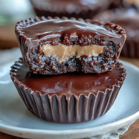 Homemade Reeses Peanut Butter Cups with Dark Chocolate - glossy dark chocolate shell encases creamy peanut butter filling, garnished with a sprinkle of flaky sea salt for a gourmet twist.
