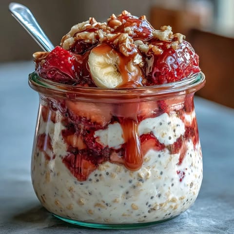 A jar of strawberry banana overnight oats topped with fresh fruit slices and chia seeds for a wholesome breakfast.
