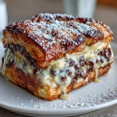Decadent chocolate croissant bread pudding baked with rich custard and semisweet chocolate chips, perfect for a cozy brunch centerpiece.  