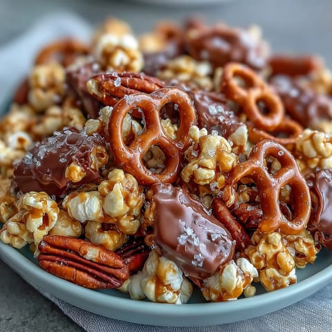 1. Caramel Candy Apple Popcorn Mix features crunchy popcorn coated in rich caramel, mixed with dried apples and colorful candy pieces for a festive snack.