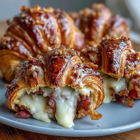 Ham & Swiss Croissant Bake with golden layers of buttery croissants, smoky ham, and melty Swiss cheese baked in a creamy egg custard.