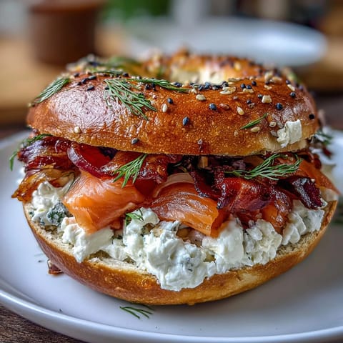 Golden-brown cottage cheese bagels layered with smoked salmon, red onion, and cucumber for a savory breakfast.