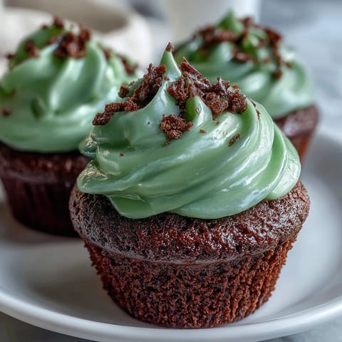 Festive green velvet cupcakes with cocoa and cream cheese frosting, perfect for St. Patrick's Day celebrations.