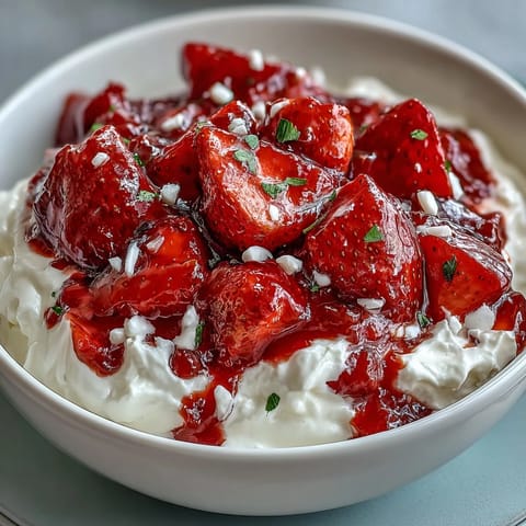 Creamy Greek yogurt topped with vibrant strawberry compote, fresh mint, and a honey drizzle.