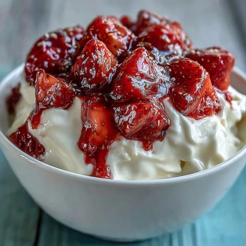 A bowl of Greek yogurt layered with homemade strawberry compote, sweet and tangy.
