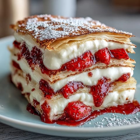 Layered strawberry crepe cake with fresh berries and vanilla cream, perfect for brunch or dessert.
