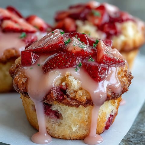 Fresh strawberry lemon muffins topped with tangy glaze, perfect for a bright spring breakfast or brunch treat.