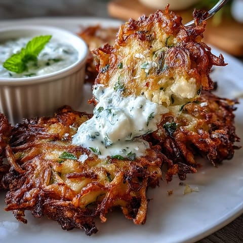 Crispy zucchini fritters with feta cheese, served with a refreshing yogurt mint dipping sauce for a Mediterranean appetizer.