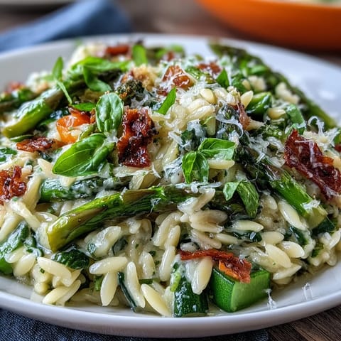 A plate of healthy Spring Orzo Primavera showcasing tender pasta and bright green vegetables.