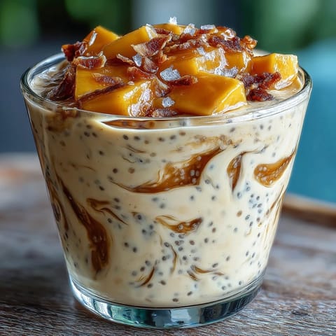 Creamy mango coconut chia smoothie with vibrant tropical fruit and nutritious chia seeds for a refreshing breakfast.