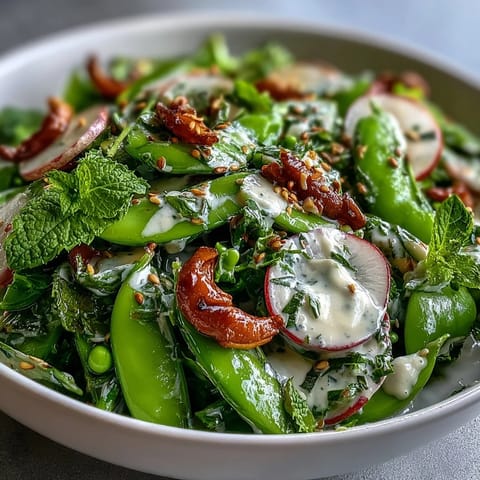 Crisp spring salad featuring snap peas, radishes, and toasted sesame seeds.