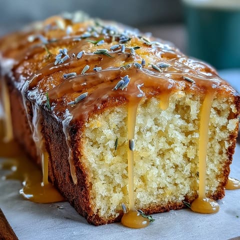 Lemon Lavender Loaf Cake with Honey Glaze, glistening and ready to slice.