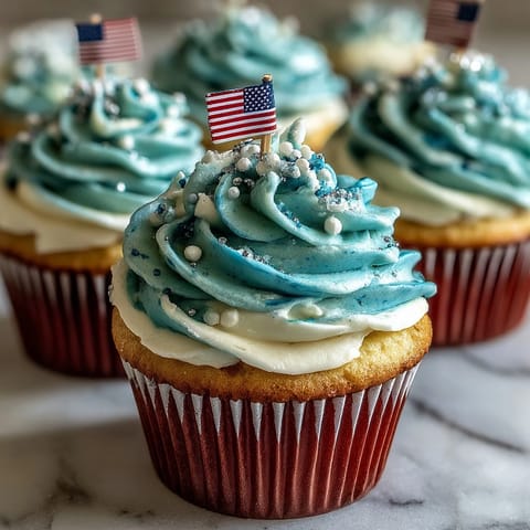 Star-Spangled Banner Cupcakes showcase swirled red, white, and blue frosting, perfect for celebrating.