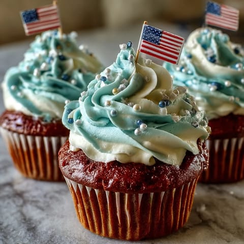 Festive Star-Spangled Banner Cupcakes topped with darling edible American flags for any party.