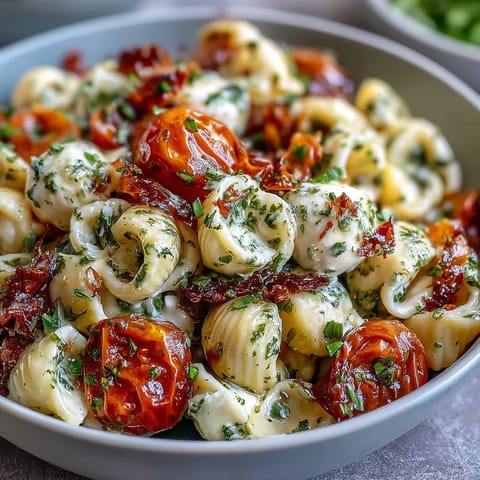 Vibrant Caprese Pasta Salad with pesto, tomatoes, and mozzarella pearls.