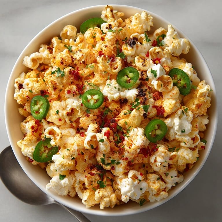 Close-up spicy nacho popcorn: vibrant spices & cheese create mouthwatering texture.
