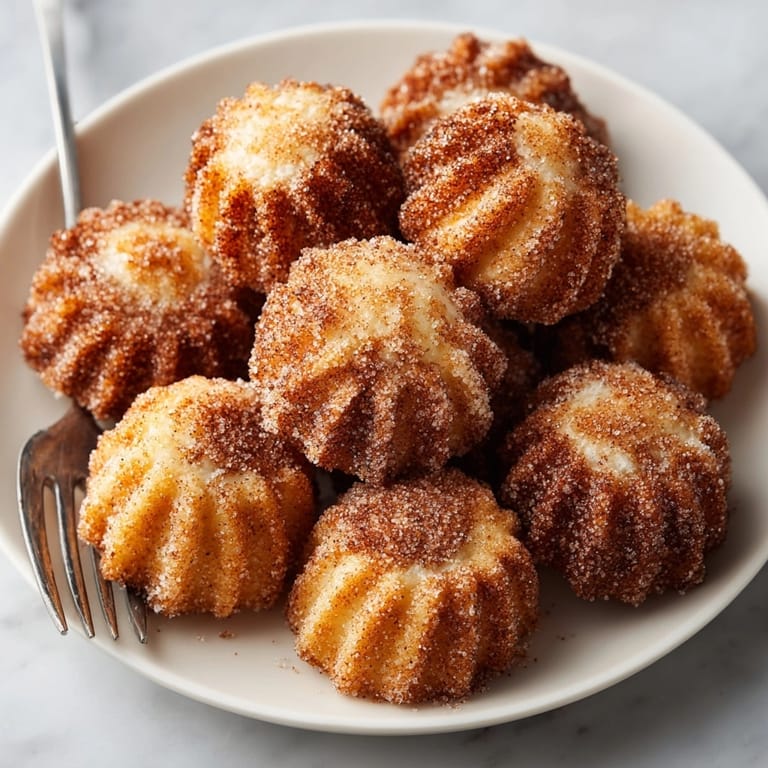 Homemade mini cinnamon sugar churro bites, a sweet, spiced dessert, perfect for sharing.