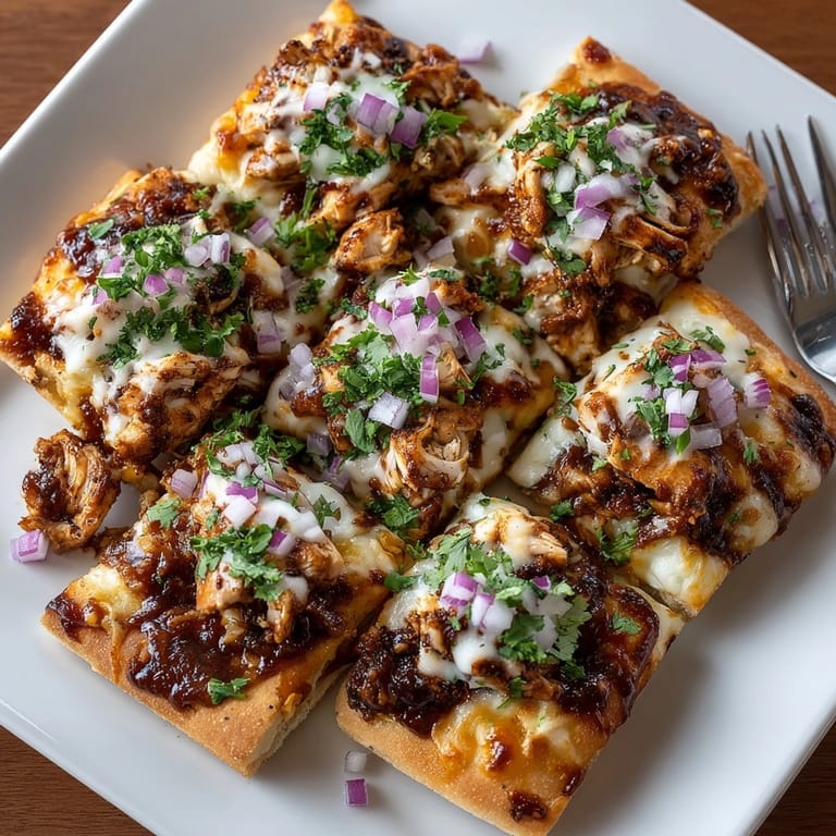 Homemade BBQ Chicken Flatbread Squares, fresh from the oven with rich barbecue aroma.