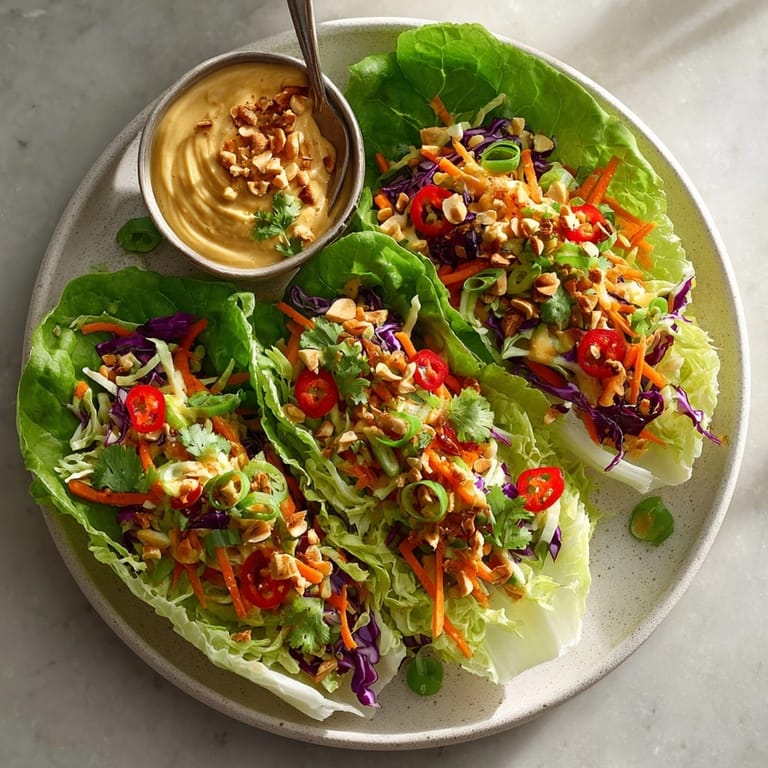 Close-up shows crisp lettuce cradling savory Thai Peanut Veggie Wraps filling.