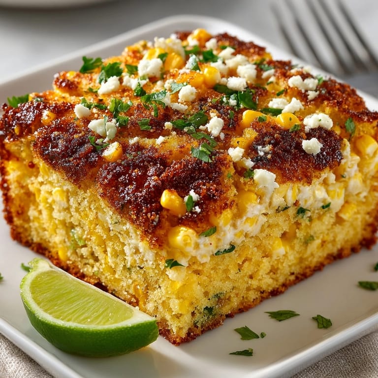 Freshly baked Elote-Style Cornbread, topped with crumbled cotija and juicy lime wedges.