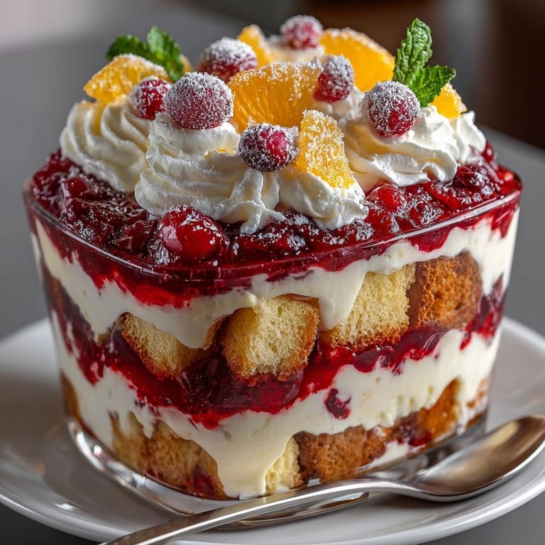 Homemade Cranberry Orange Trifle: Spoonful reveals plump cranberries and soft vanilla pudding.