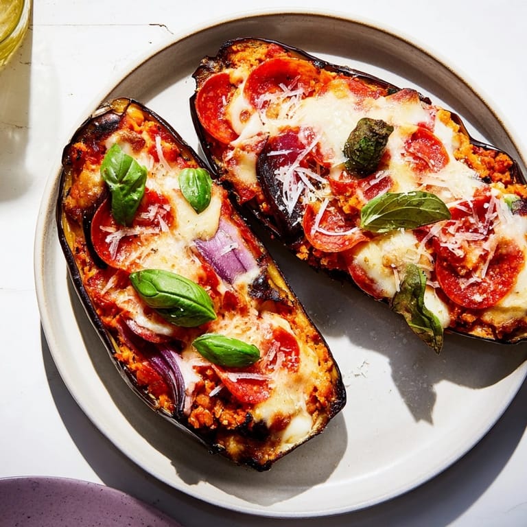 Imagine comforting Protein Eggplant Pizza Boats, hot from the oven, a healthy Italian-inspired delight.