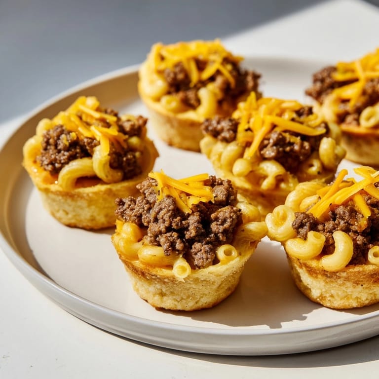 Savory ground beef topped with golden mac and cheese in these Cheeseburger Cups.