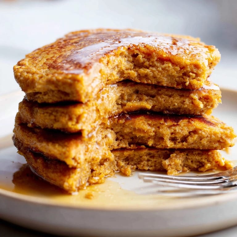 Warm, spiced Cinnamon Sweet Potato Protein Pancakes, close-up showing fluffy texture and golden edges.