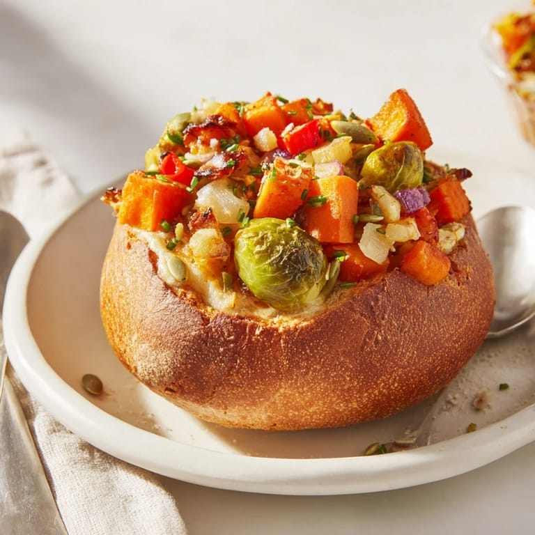 Sourdough bread bowls filled with Thanksgiving Veggie Stuffed Dip, a warm, cheesy delight.  