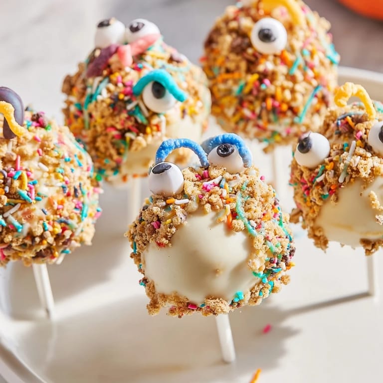 Whimsical Flamin Hot Sweet Tea Monster Cake Pops adorned with candy eyes and spicy crumble.