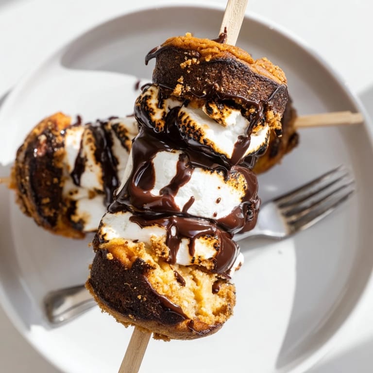 Deliciously stacked Smores Pumpkin Cheesecake Pancake Muffin Skewers with creamy filling inside  