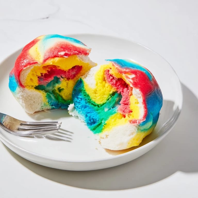 Whimsical rainbow cloud bread ideal for festive brunches or colorful snack platters.  