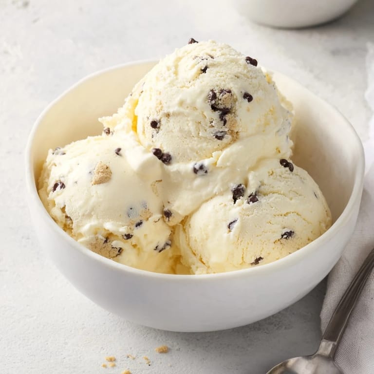 Guilt-free cottage cheese ice cream featuring rich cookie dough and chocolate chips.