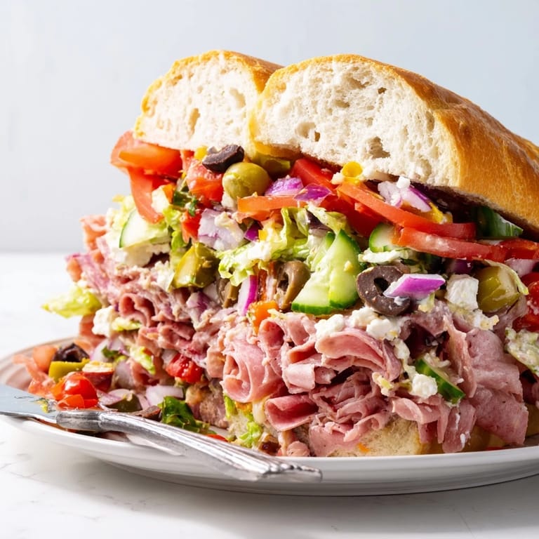 Delicious Flavor Mash-Up Sandwich stacked high with gourmet meats, cheeses, and zesty vegetables.  