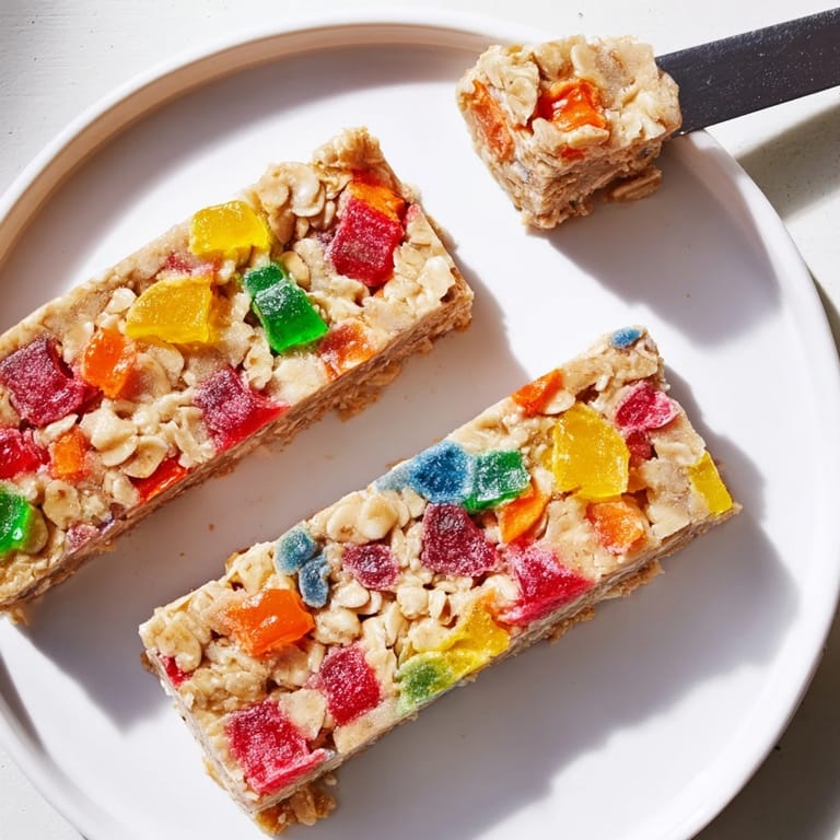 Delicious homemade gummies atop a wholesome oat base for irresistible DIY snack bars.  