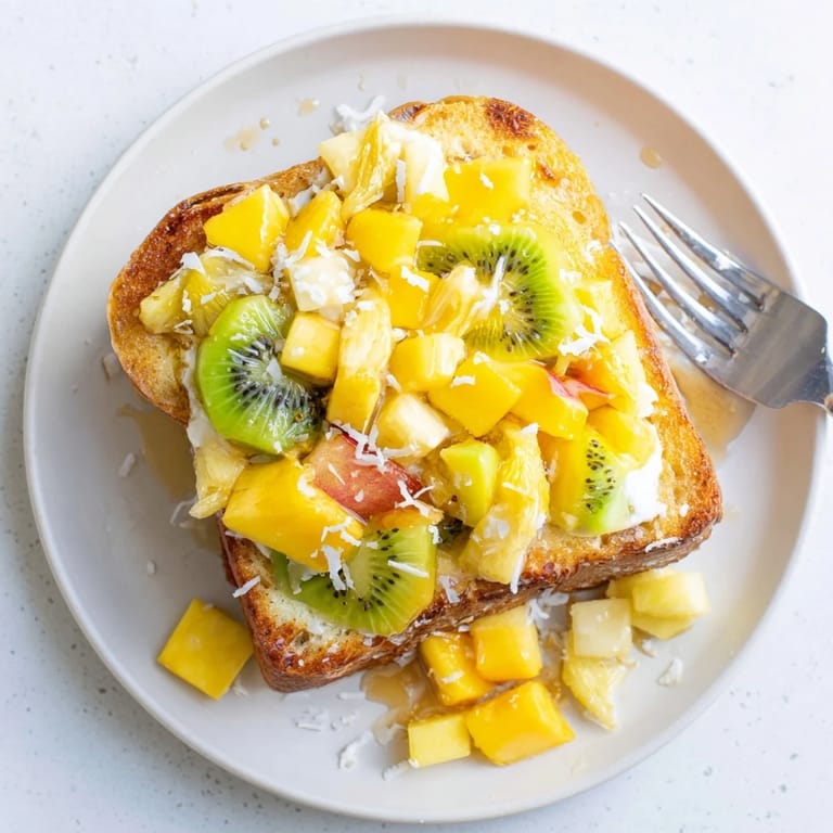 Vibrant yogurt-custard toast, bursting with fresh mango, kiwi, and pineapple flavors.  