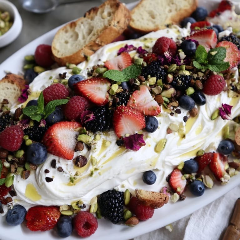 Delicious butter board dessert featuring creamy cheese and colorful fresh berries.