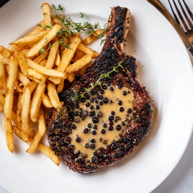 Delicious Classic Peppercorn Ribeye garnished with fresh thyme and crispy fried potatoes.