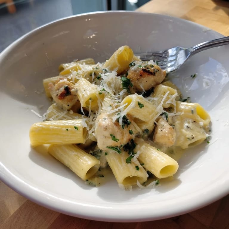 Deliciously comforting Creamy Garlic Parmesan Chicken Rigatoni served in a warm bowl.