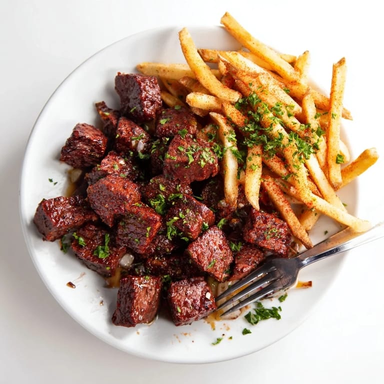 Delicious Blackened Cajun Steak Bites served sizzling with crispy golden fries.  