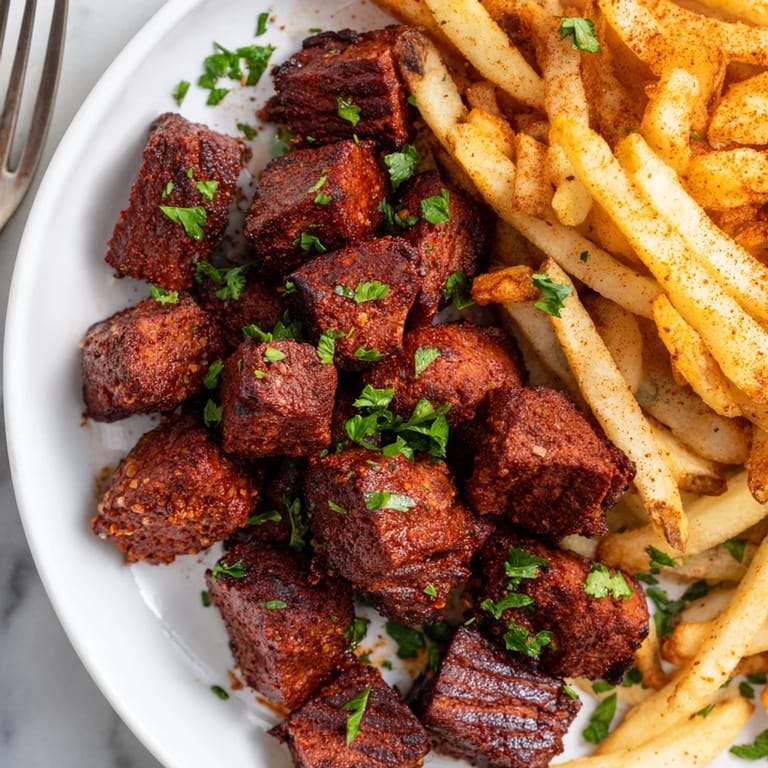 Savory Blackened Cajun Steak Bites bursting with flavor next to crunchy fries.
