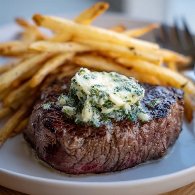 Succulent Steakhouse Garlic Butter Steak topped with fragrant garlic-herb butter, alongside fries.