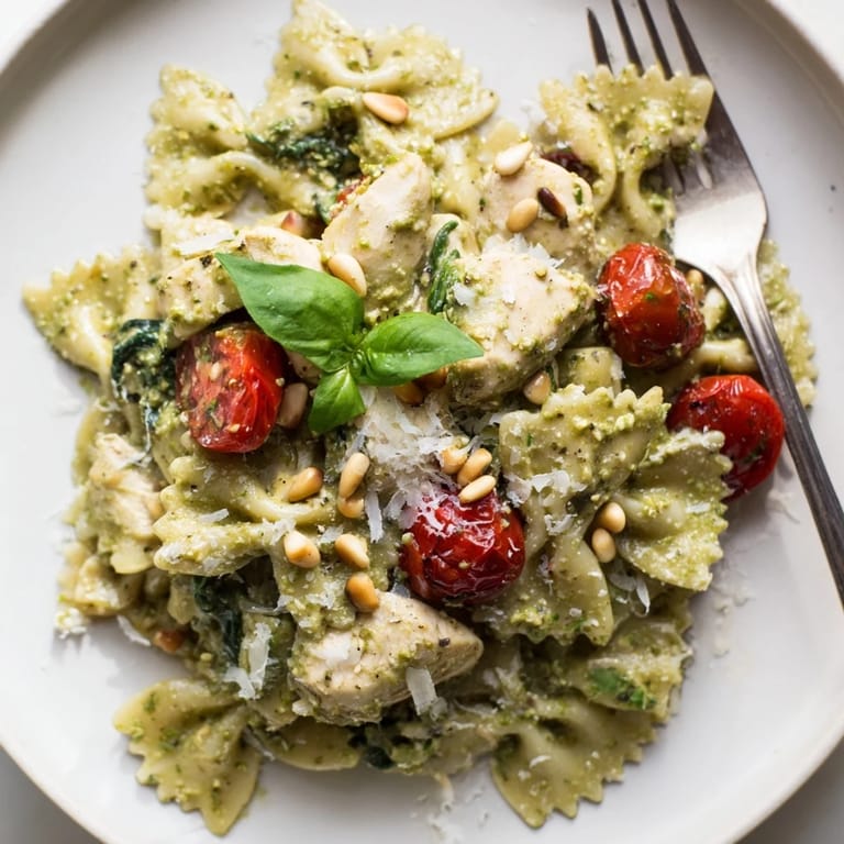 A comforting bowl of Pesto Chicken Bowtie Pasta, featuring tender chicken and spinach.