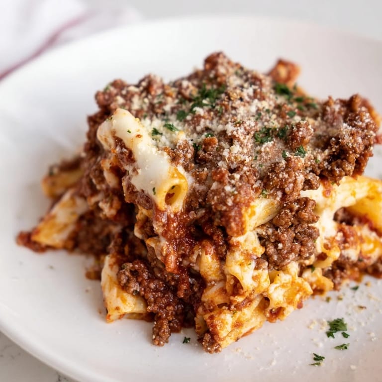 Warm, appetizing photo of a freshly baked ziti with meat sauce, served hot from the oven.